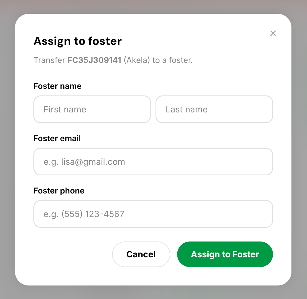 Assign to foster confirmation dialog in the Rescue Portal