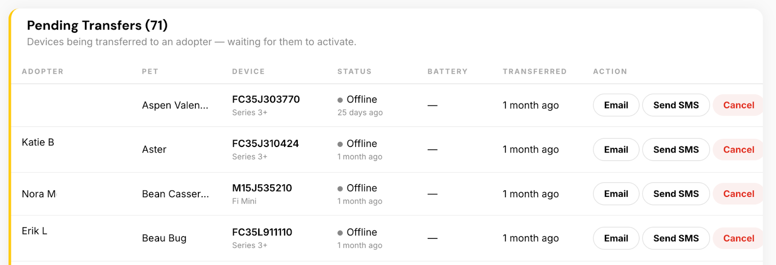 Pending device transfers in the Rescue Portal