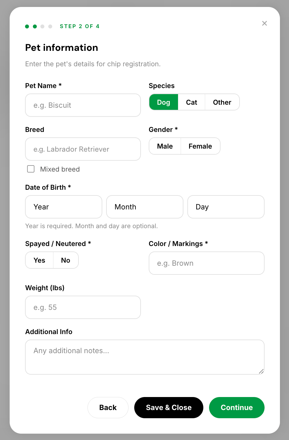 Add pet information in the portal