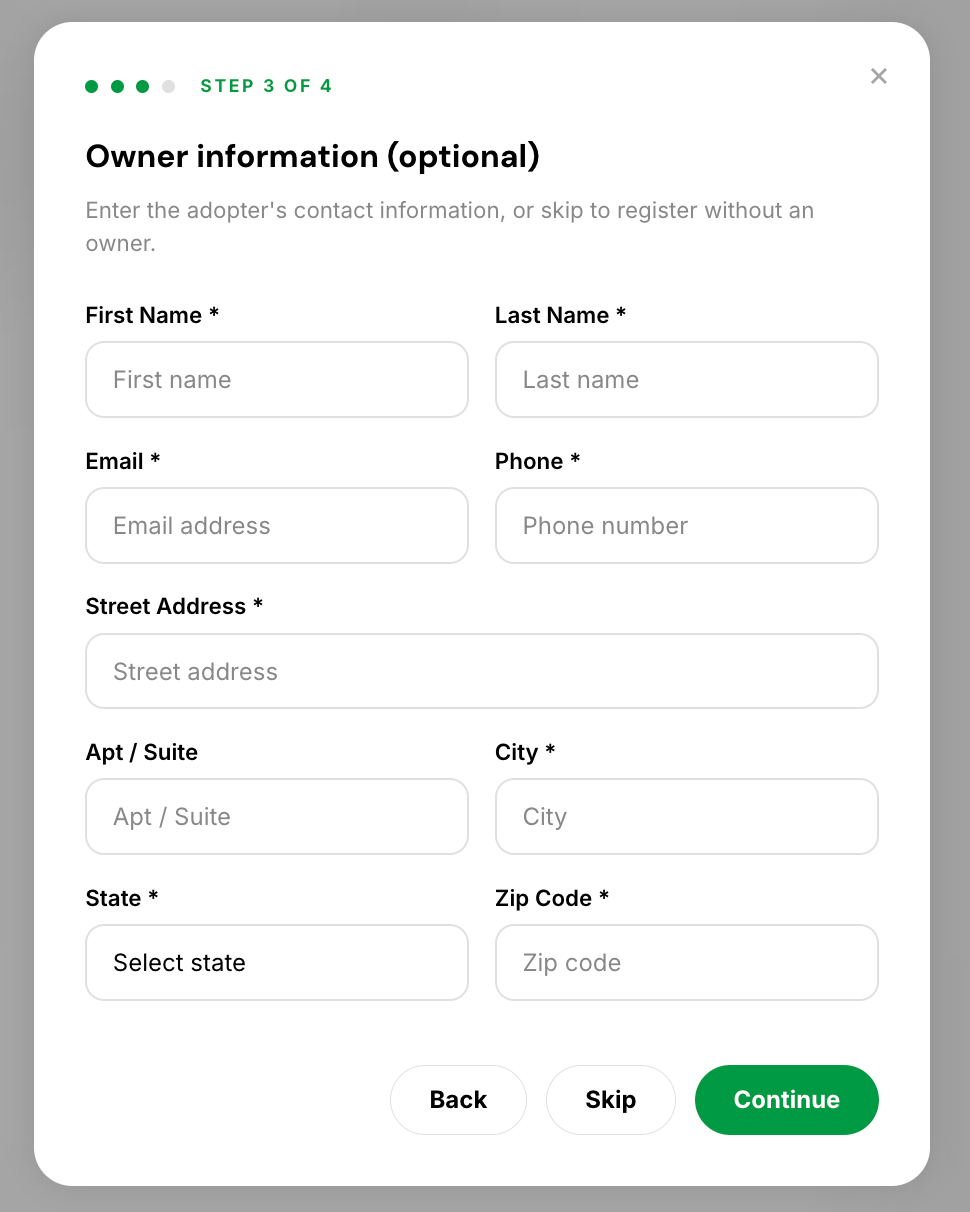 Add owner information form in the Fi Rescue Portal