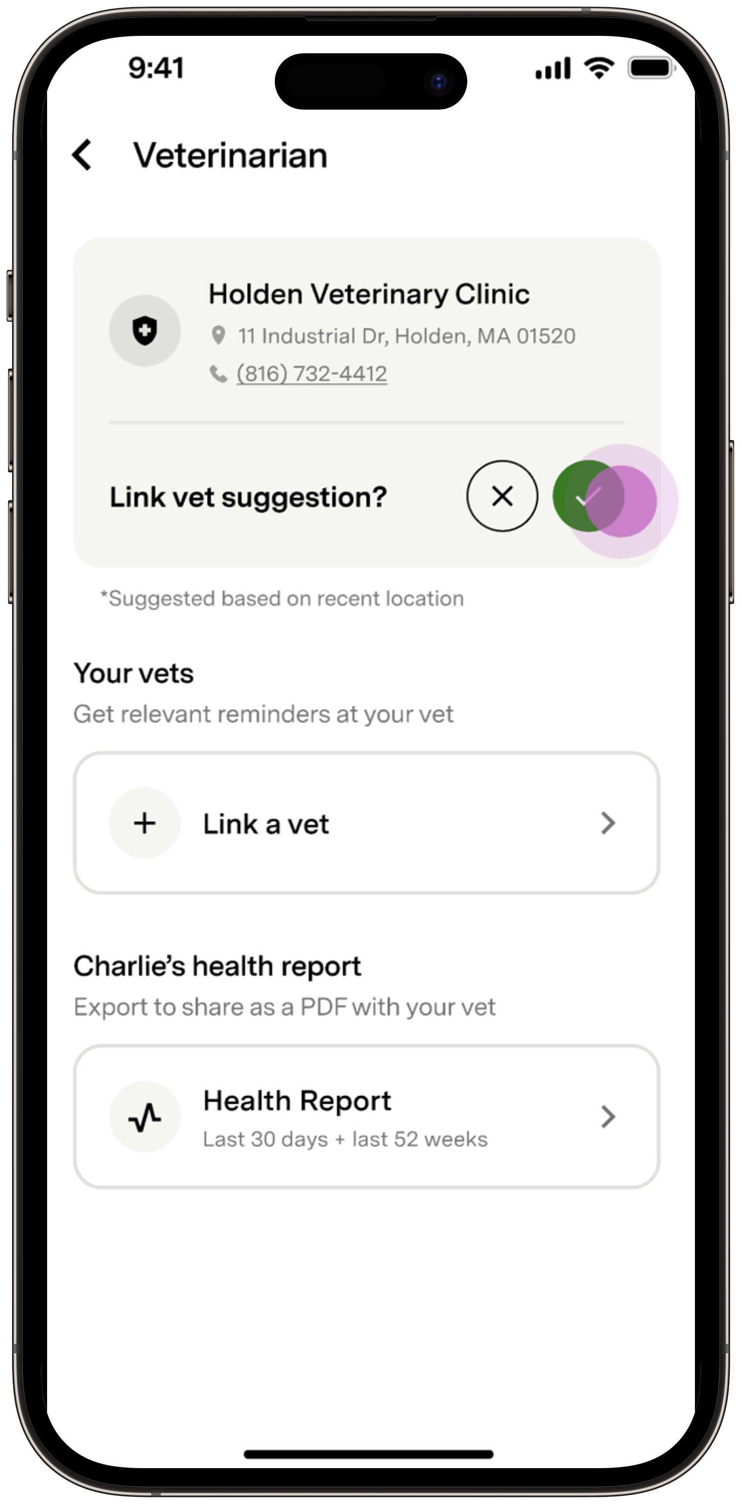 Sugerencia de veterinario en la aplicación Fi con una marca de verificación para confirmar la adición