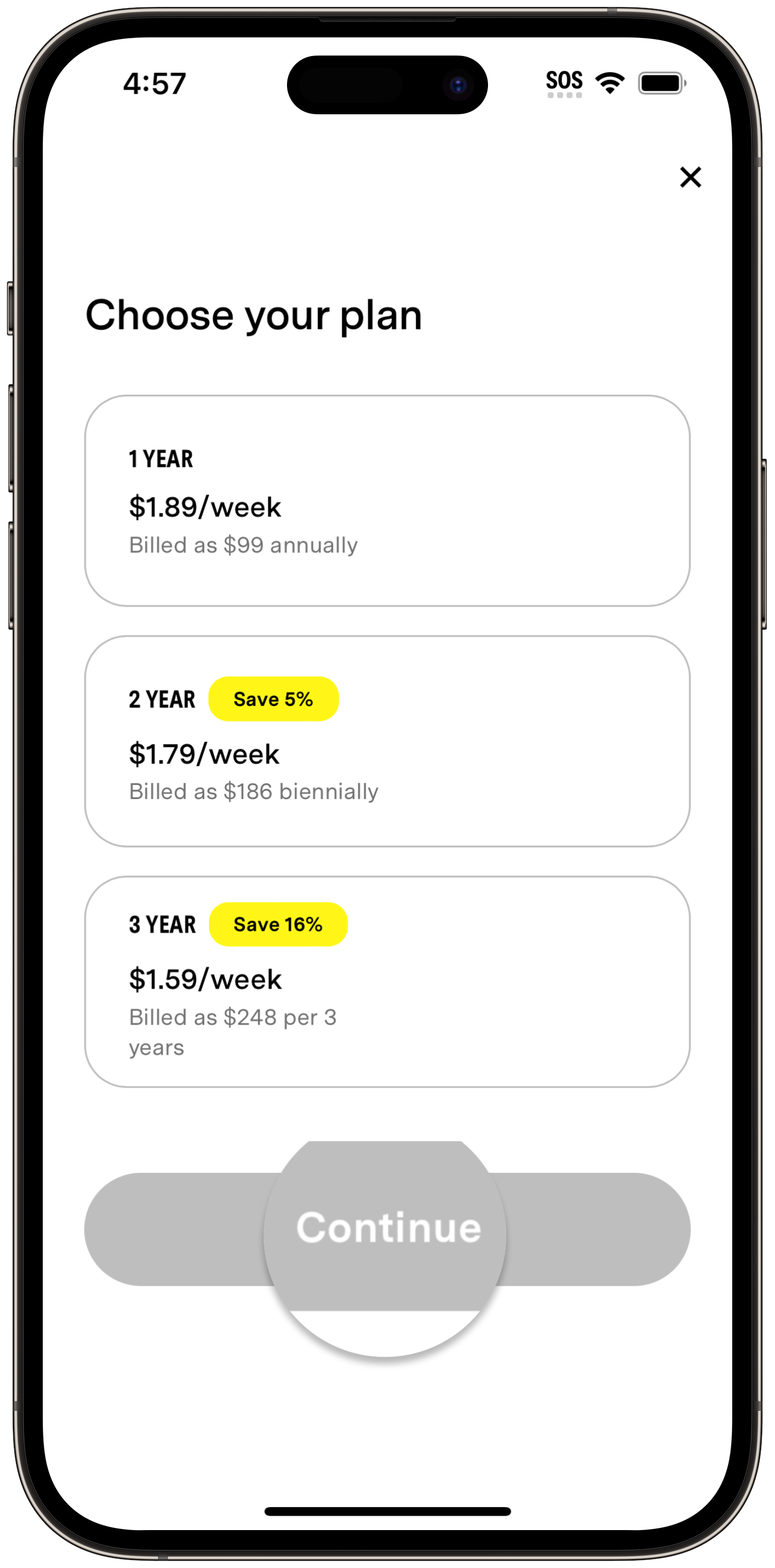 Fi App membership plan selection screen with a Continue button