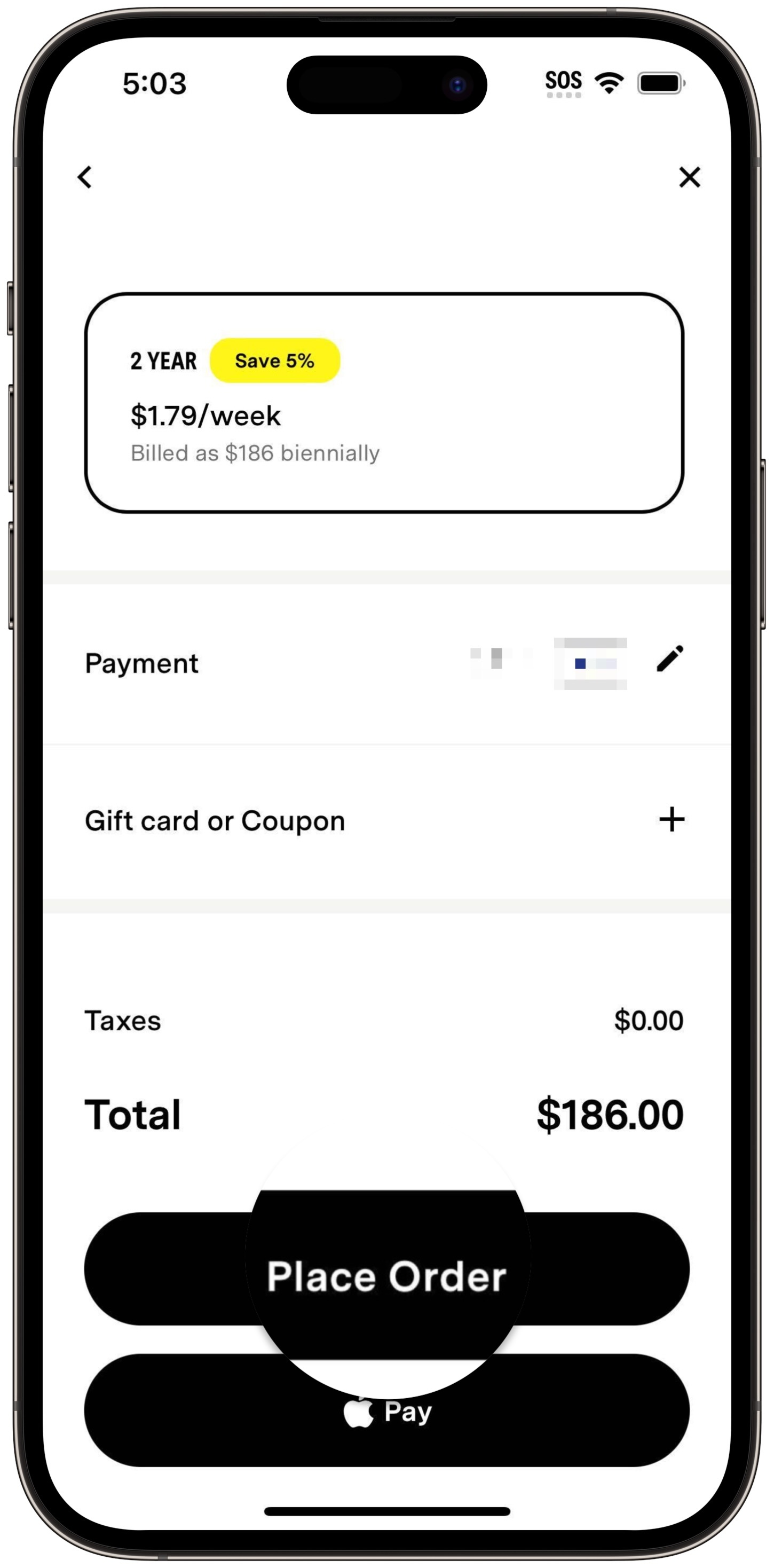 Fi App payment information screen with a Place Order button