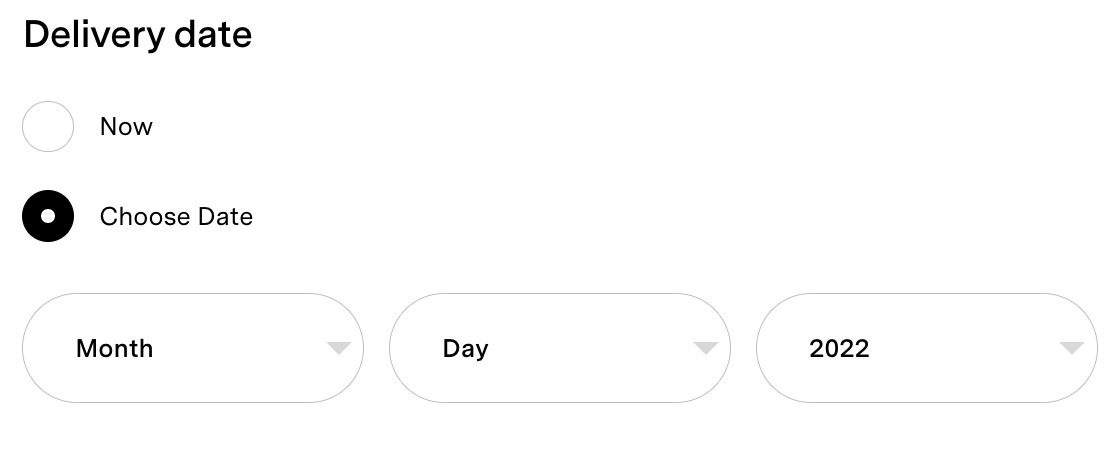 The Delivery date section showing the Now option and the Choose Date option.