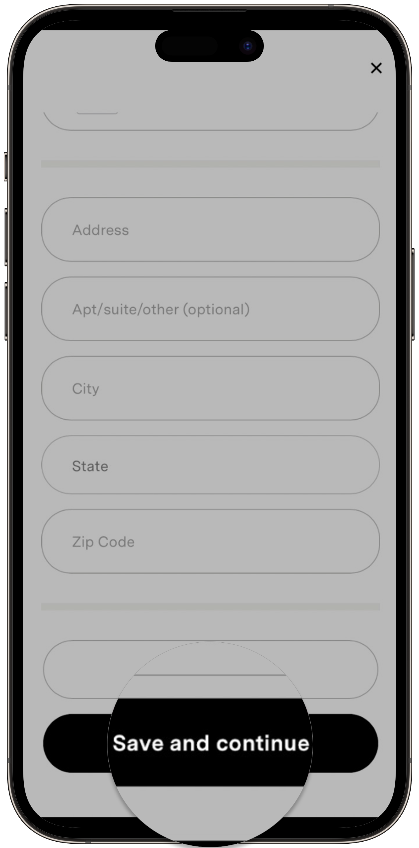 The checkout screen with the Save and continue button.