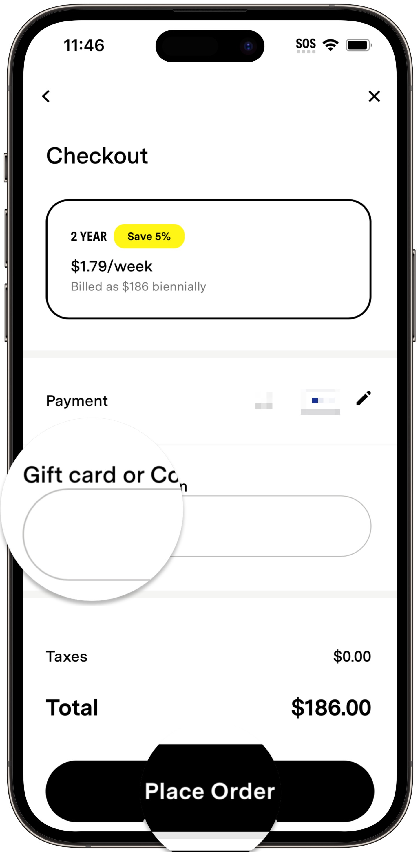The checkout screen with the gift card code entry field and the Place Order button.