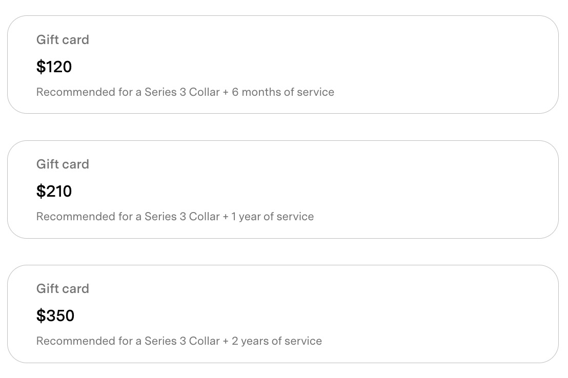 The Fi Gift Card purchase page showing three gift card options to choose from.