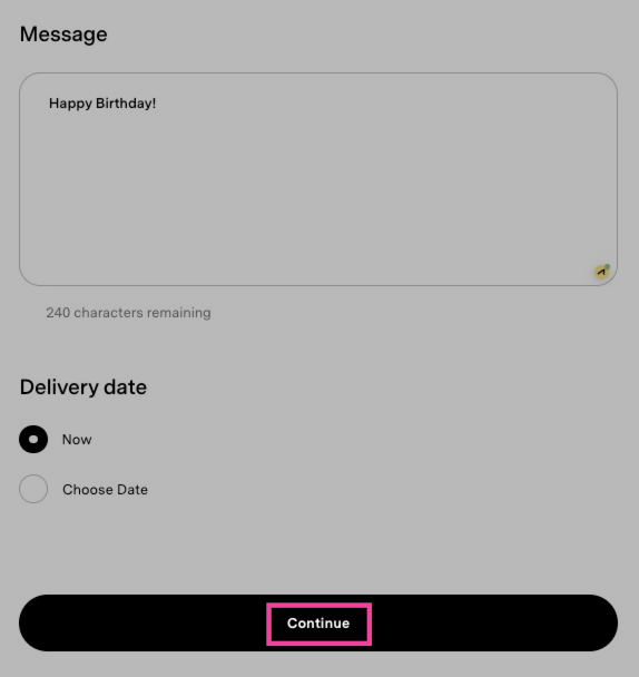 The gift card summary page with the Continue button to add to cart.