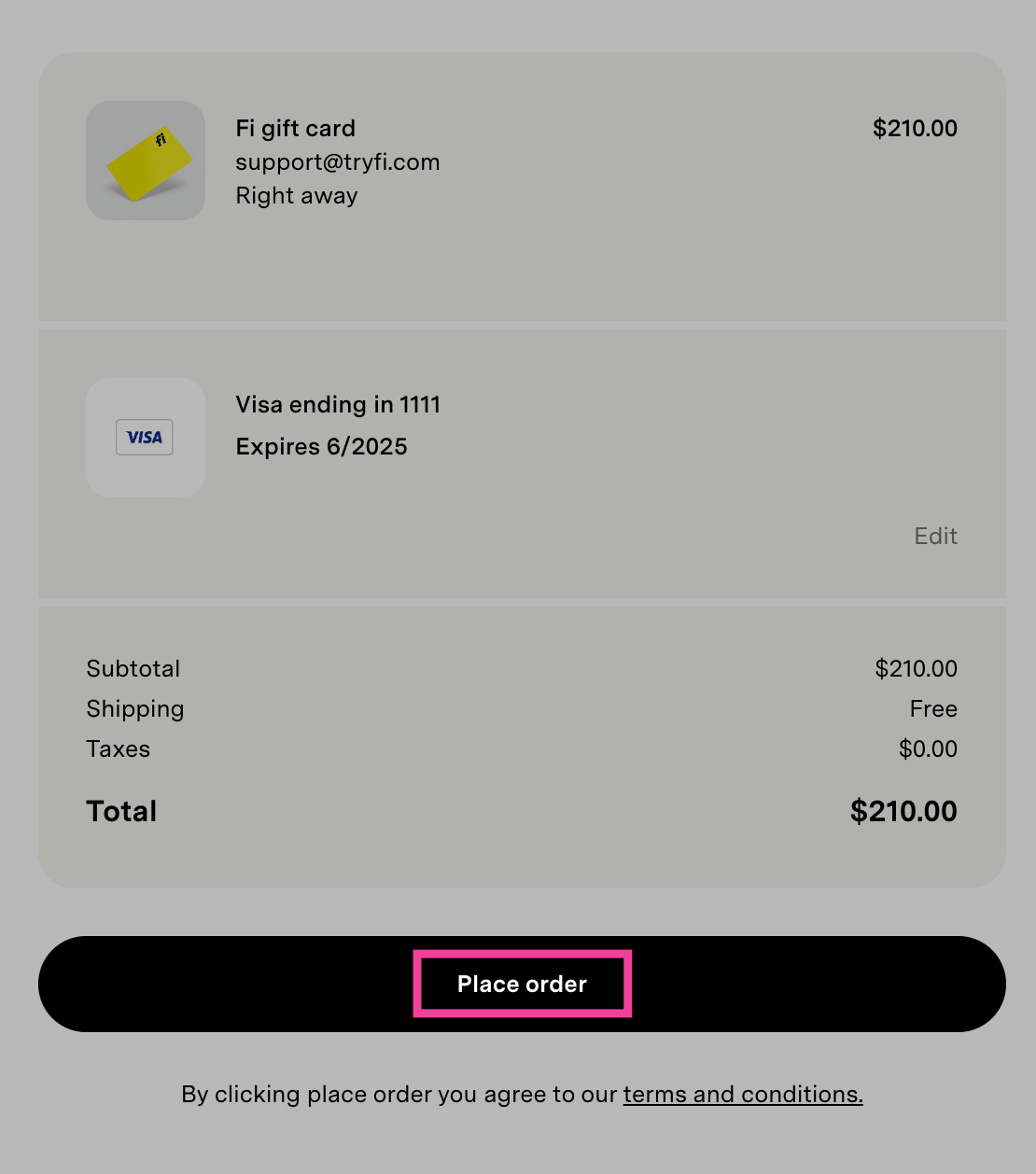 The final checkout page with billing fields filled in and the Place order button.
