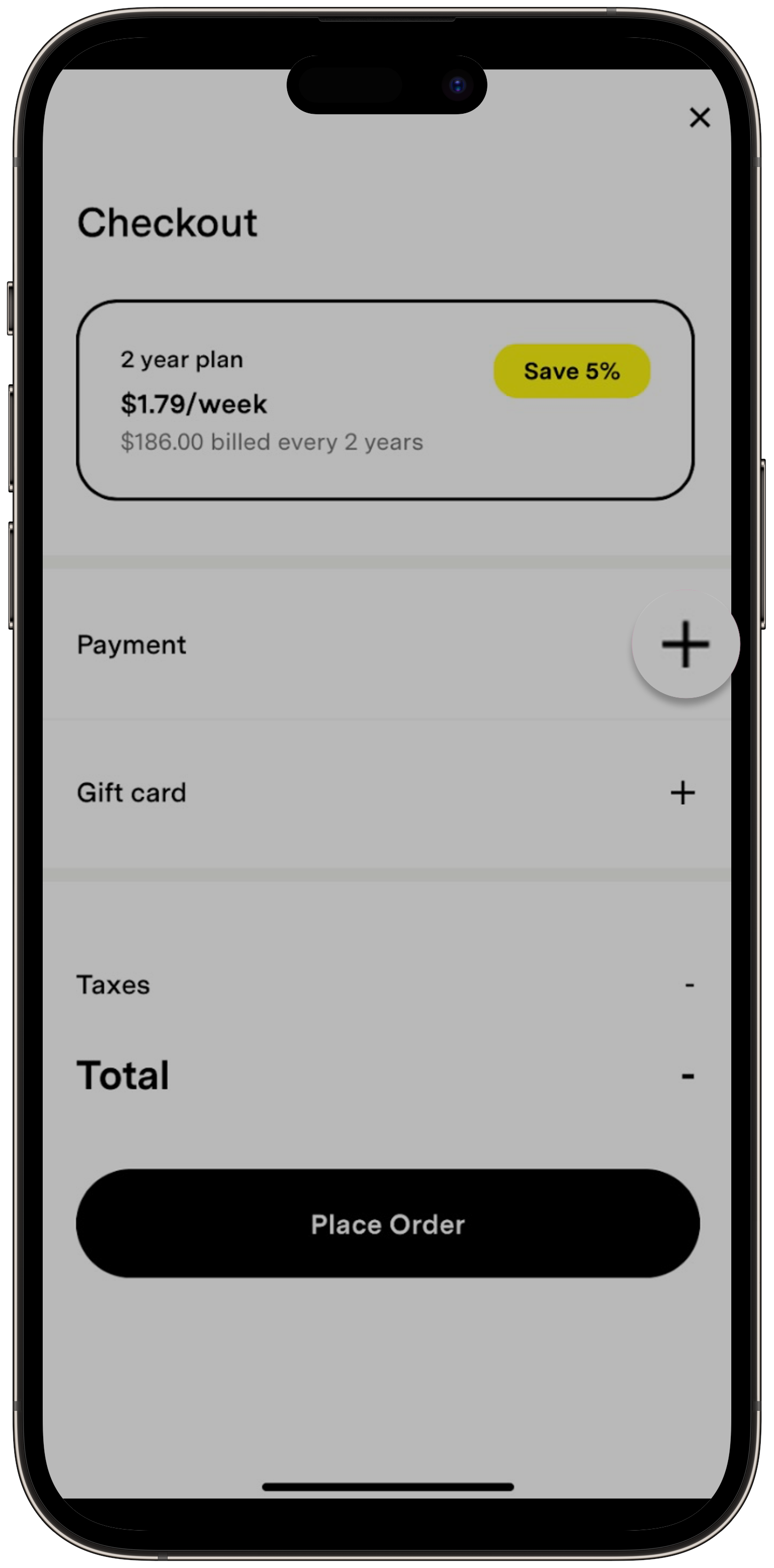 The checkout screen showing the Payment section with a plus button to add payment information.