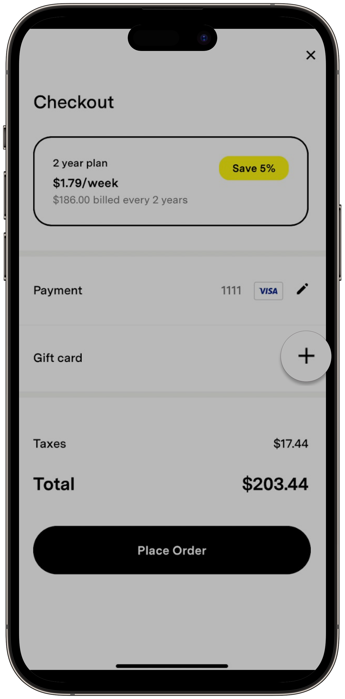 The checkout screen showing the Gift card section with a plus button to add a gift card code.