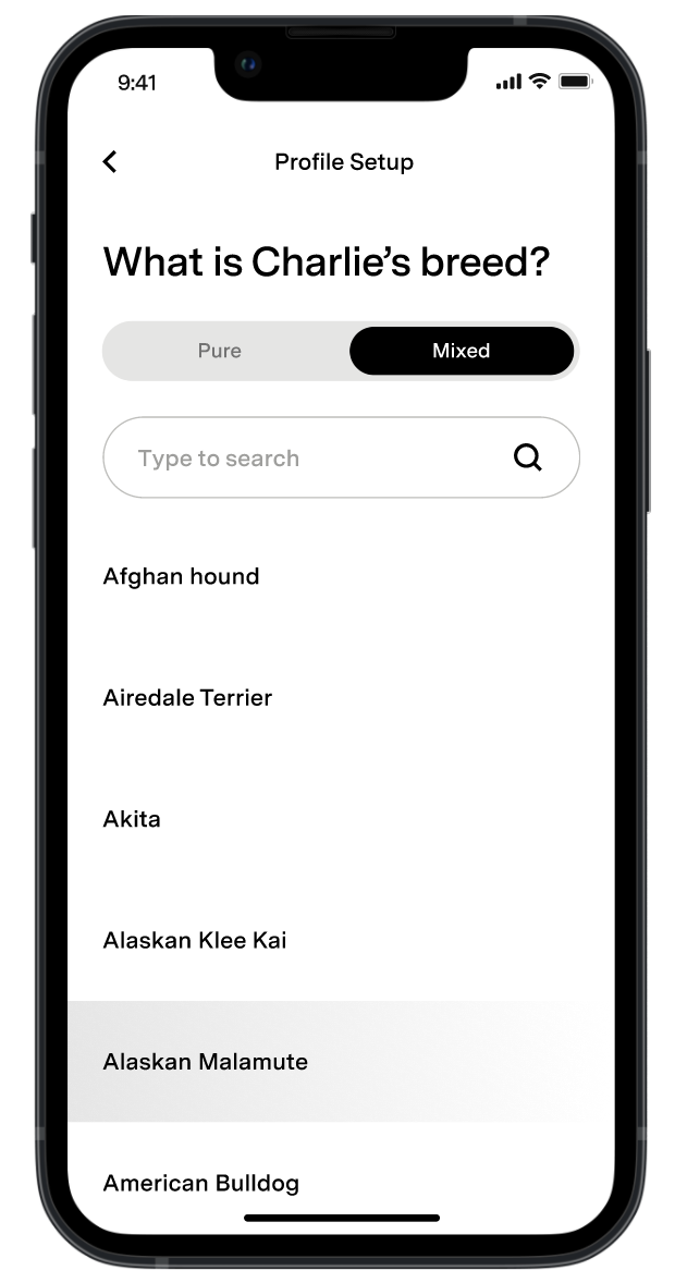 Écran de sélection de la race du chien