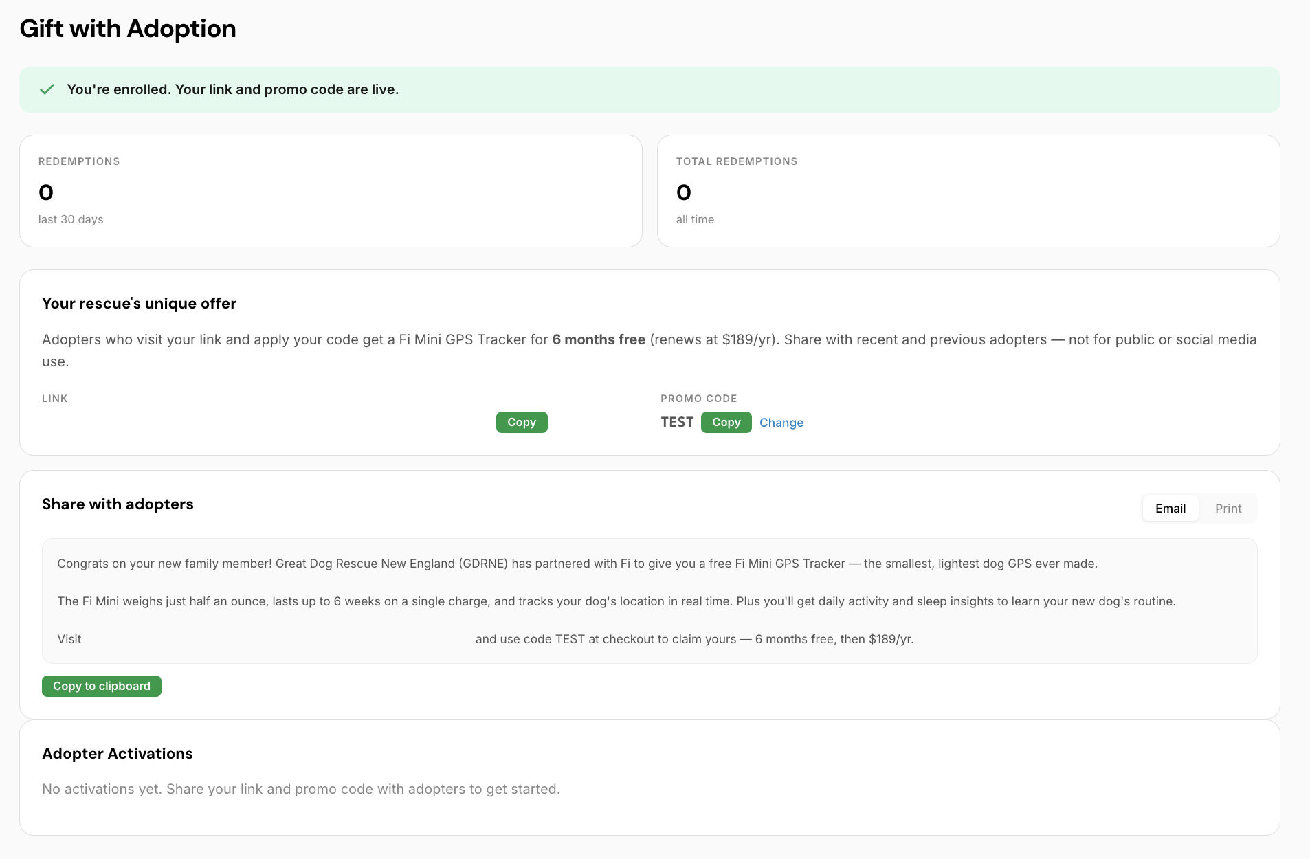 Gift with Adoption page in the Rescue Portal