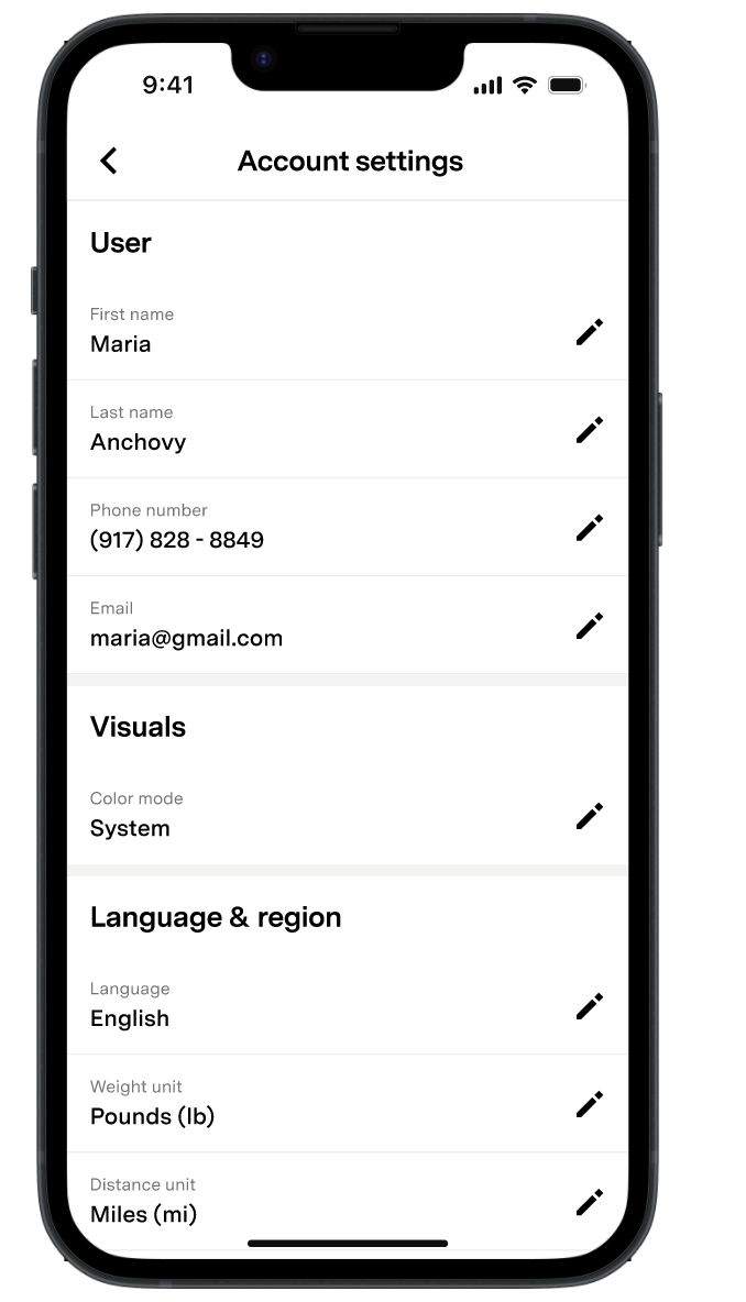 Account settings page with user information, visual, language, and region edit options