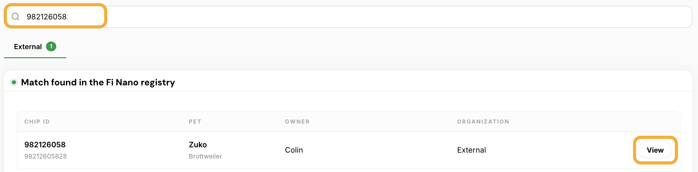 Fi Nano Registry search field with results showing a matched chip entry