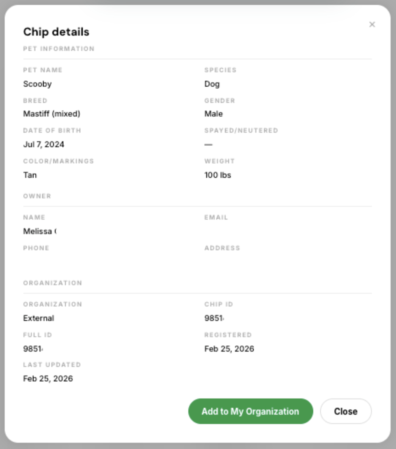 Chip details page showing owner information and the Add to My Organization button