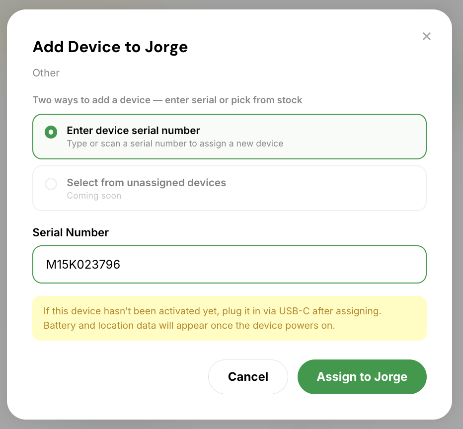 Assign device form with a serial number field and Assign to Pet Name button