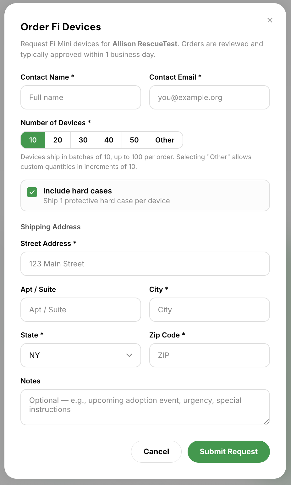 Order Devices form with fields to submit a new device order request