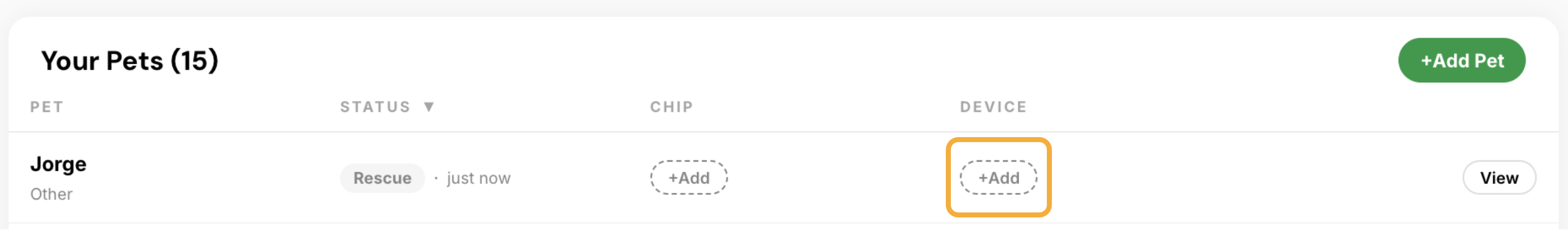 Pet list in the Fi Rescue Portal with the plus Add button highlighted under the Device column