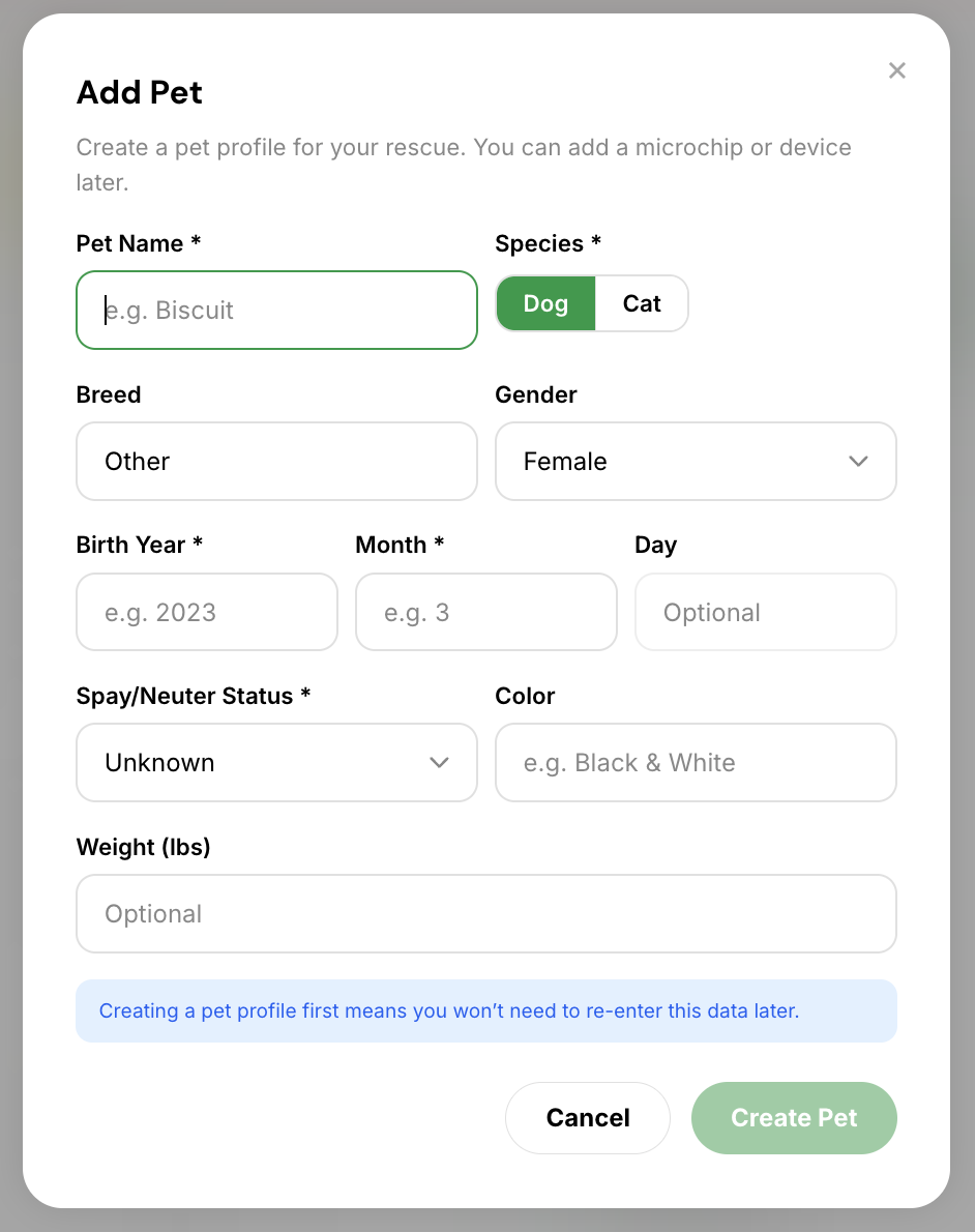 Add pet form with fields for name, breed, and date of birth