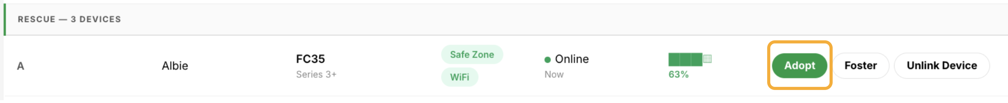 Fi Devices list with the Adopt button highlighted for a device entry