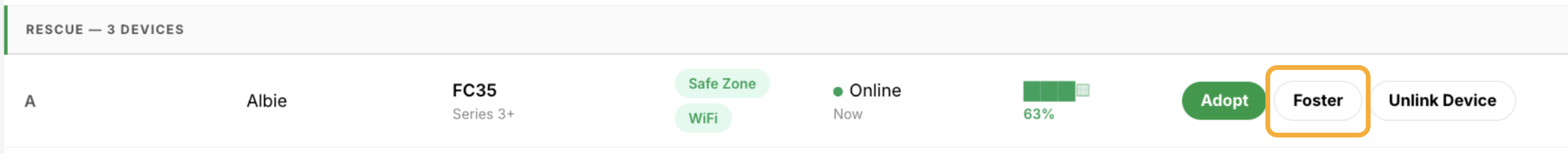 Fi Devices list with the Foster button highlighted for a device entry