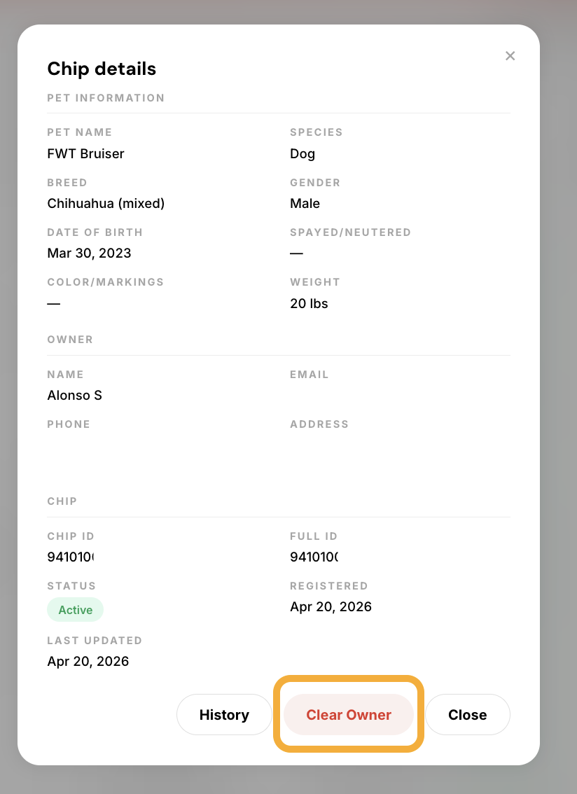 Chip details page showing the option to clear owner information