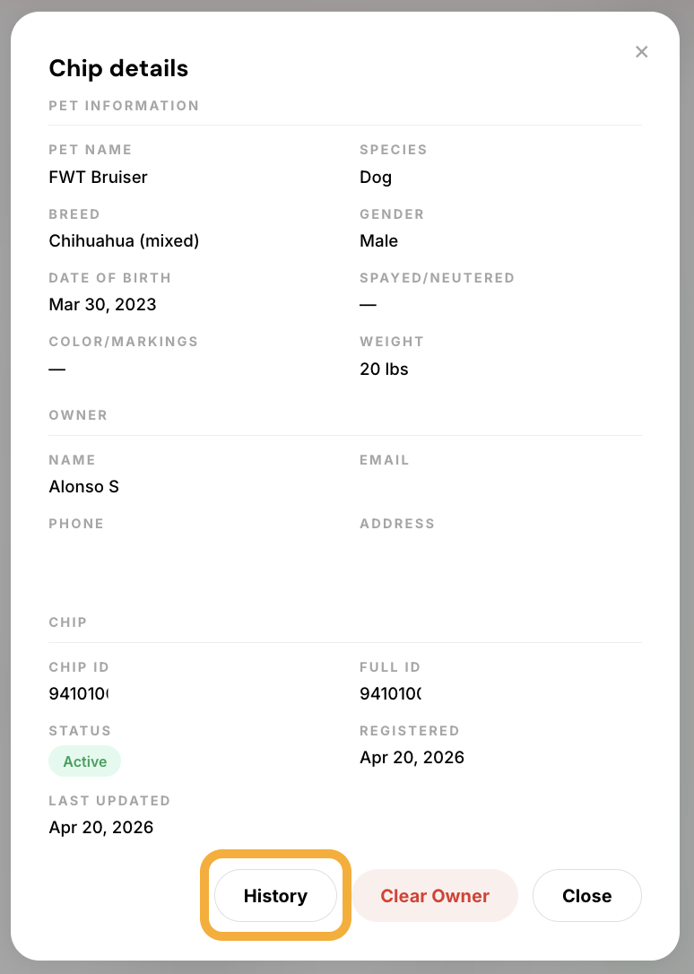 Chip details page with the History button visible at the bottom