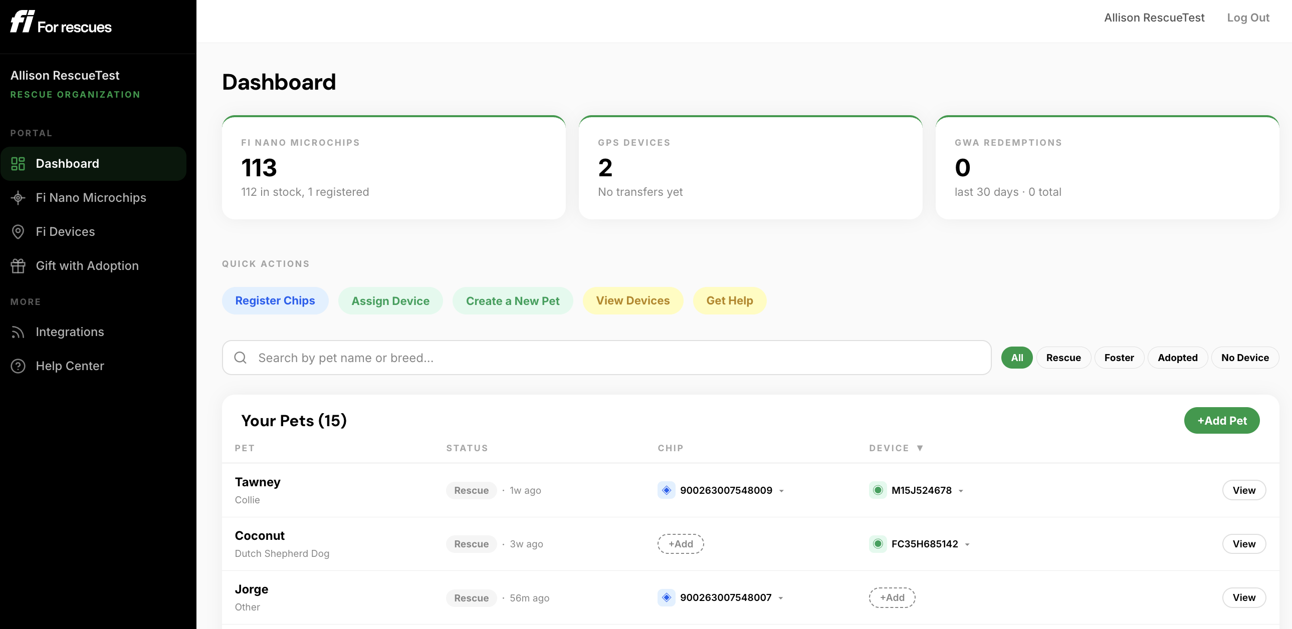 Fi Rescue Portal Dashboard showing microchip counts, device stats, and Gift with Adoption redemptions