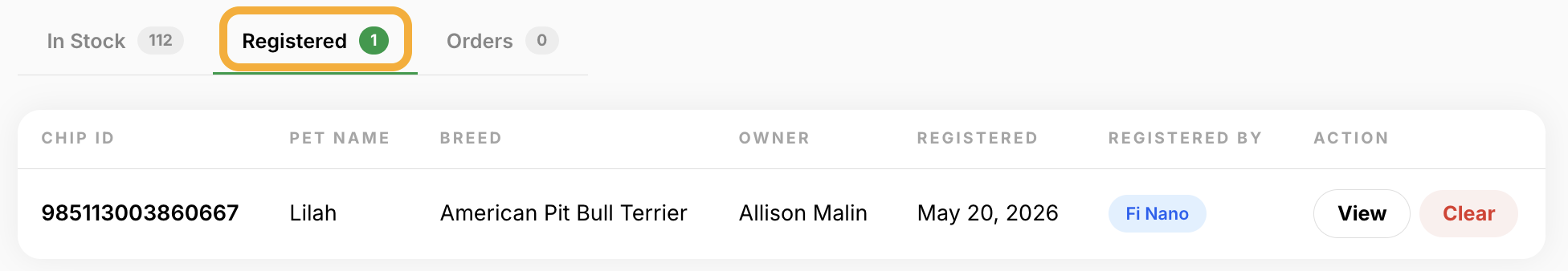 Fi Nano Microchips Registered tab showing chip entries