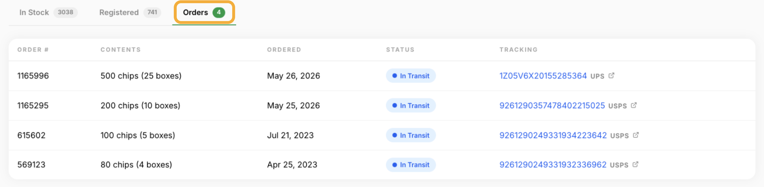 Fi Nano Microchips Orders tab showing order history