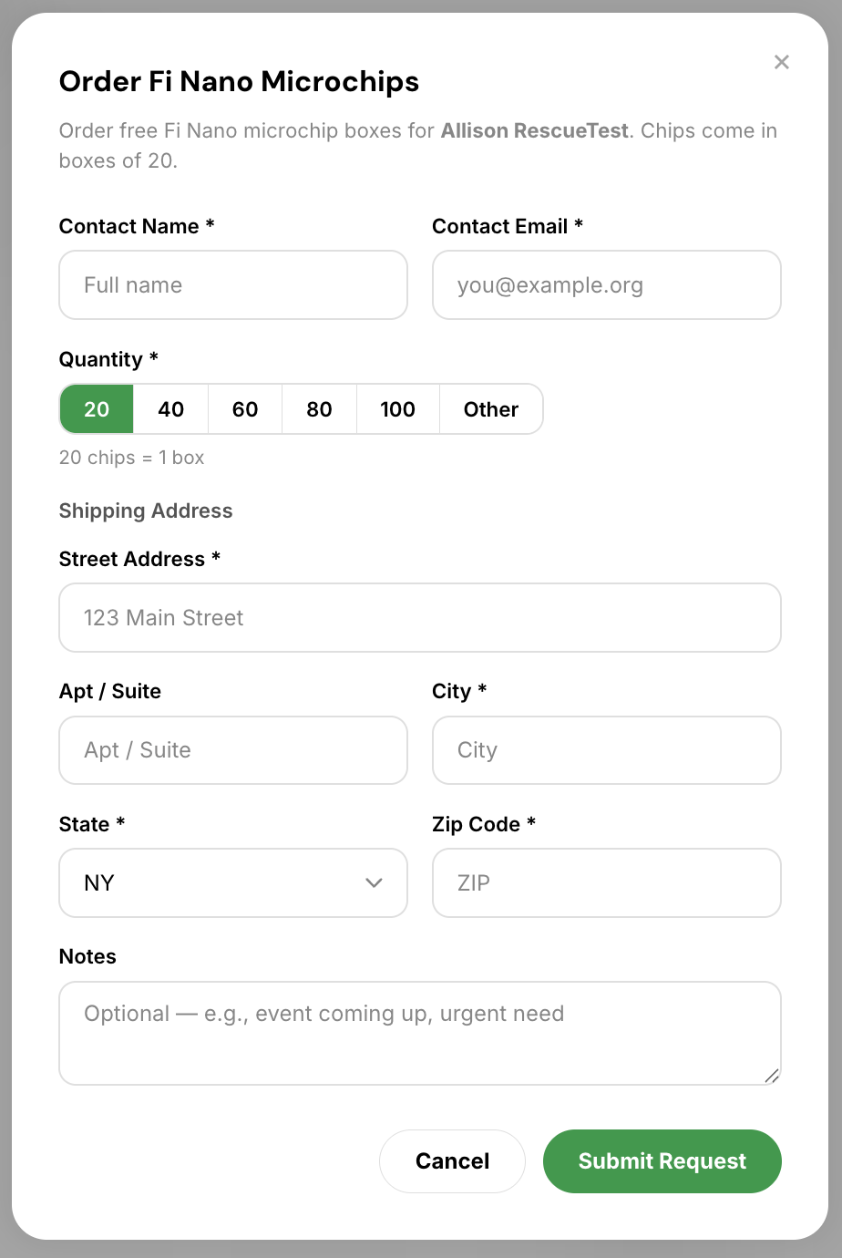 Order Fi Nano microchips form with fields for contact information, quantity, and shipping address