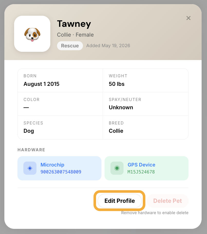 Pet profile page in the Fi Rescue Portal with the Edit Profile button highlighted
