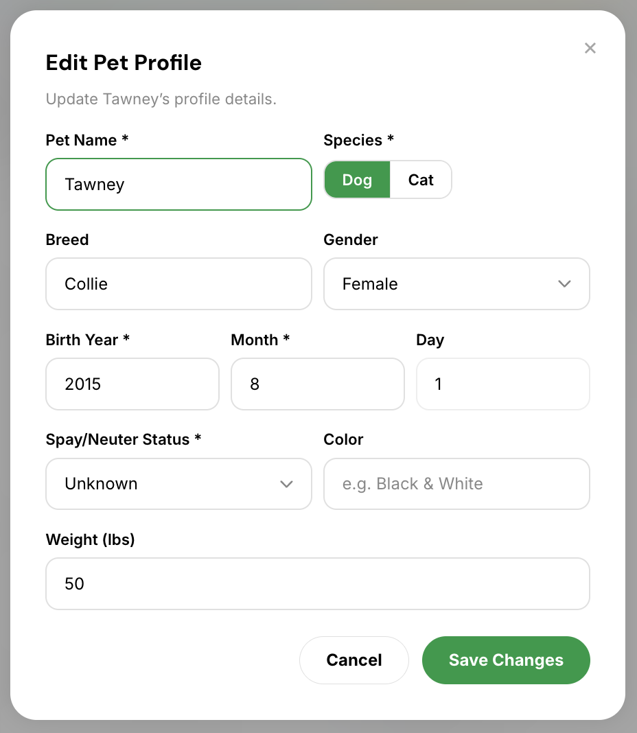 Pet profile edit form in the Fi Rescue Portal with the Save Changes button