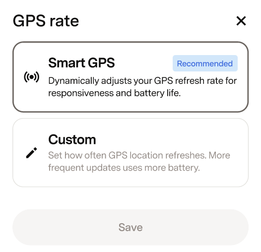 Fi app live map showing the GPS Rate quick action with Smart GPS and Custom settings.