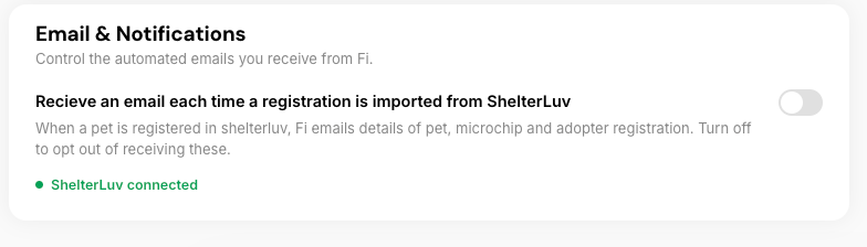 Emails and notifications section in the Fi Rescue Portal showing Shelterluv options