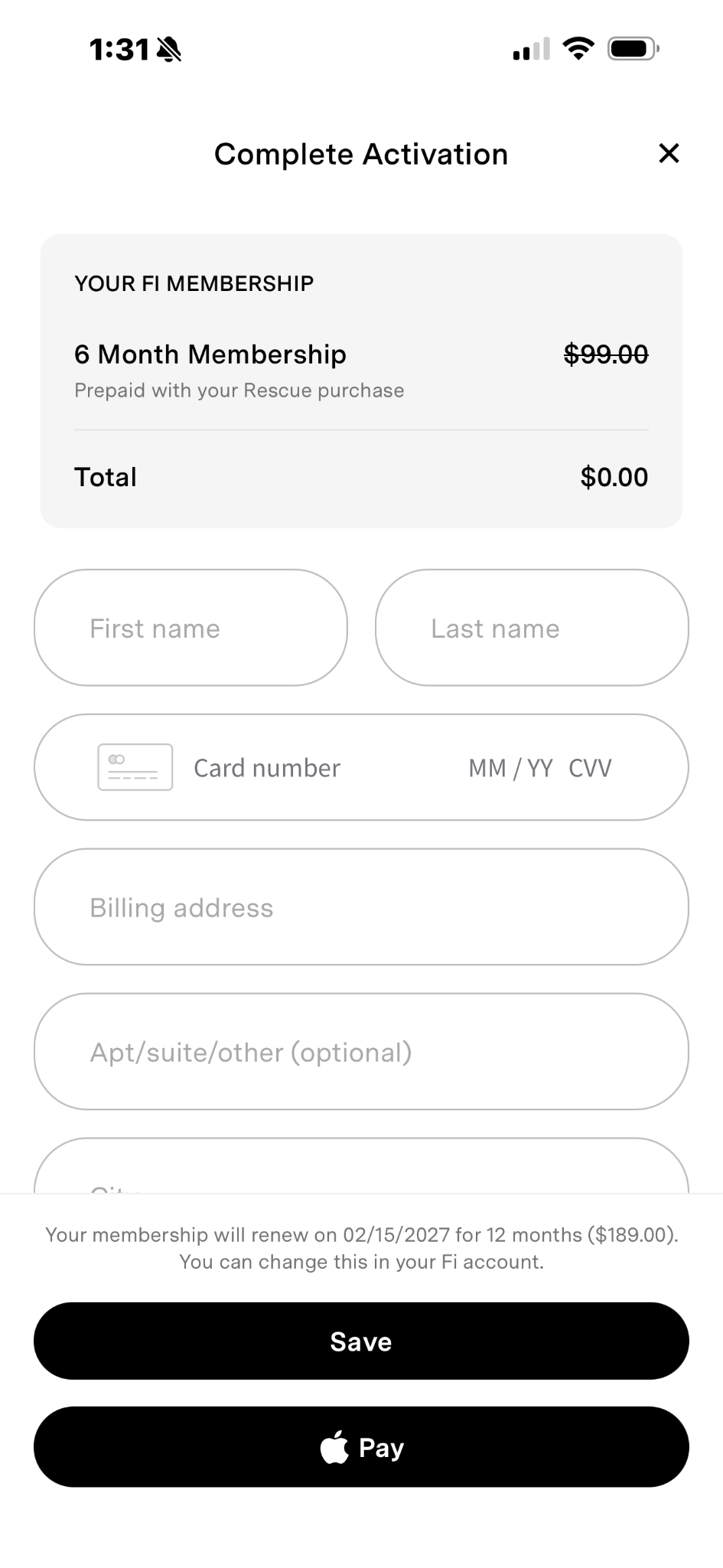 Billing details page for new adopters activating their membership