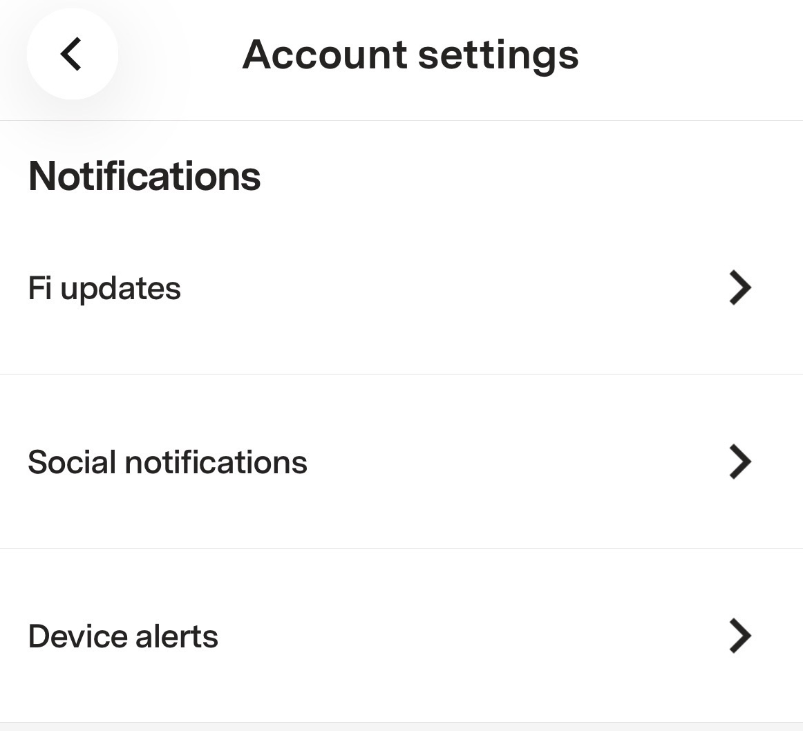 A screenshot view of the Notifications Settings in the Fi App