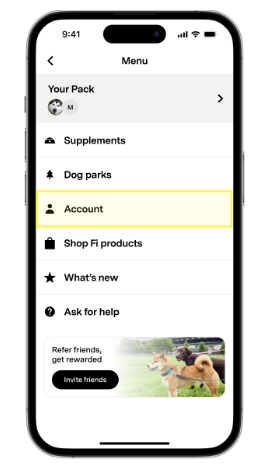 Screenshot view of the Fi App with Account Tab highlighted in yellow