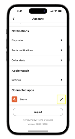 Screenshot view of the Fi App with Strava Settings Edit Icon highlighted in yellow