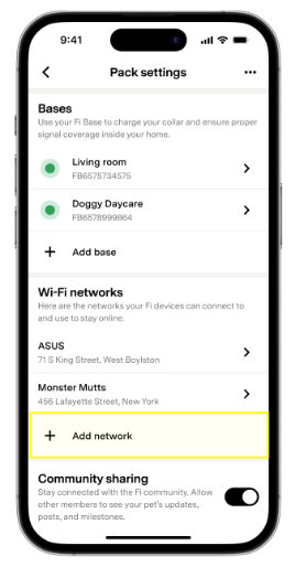 Screenshot view of the Fi App's Pack Settings, with the _Add Network_ tab highlighted in yellow