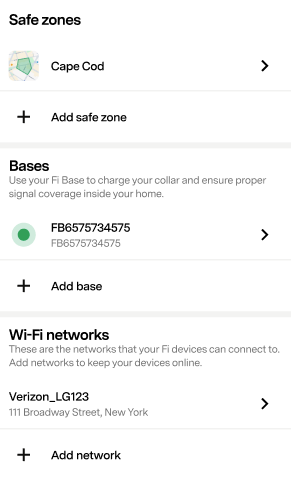 Screenshot view of the Fi App, showing Safe Zones, WiFi, and Bases.png
