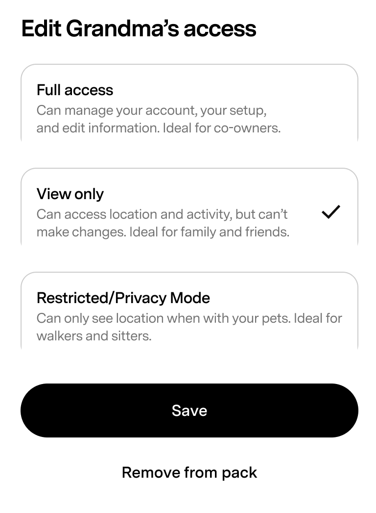 Screenshot view of the Fi App's Pack Settings page