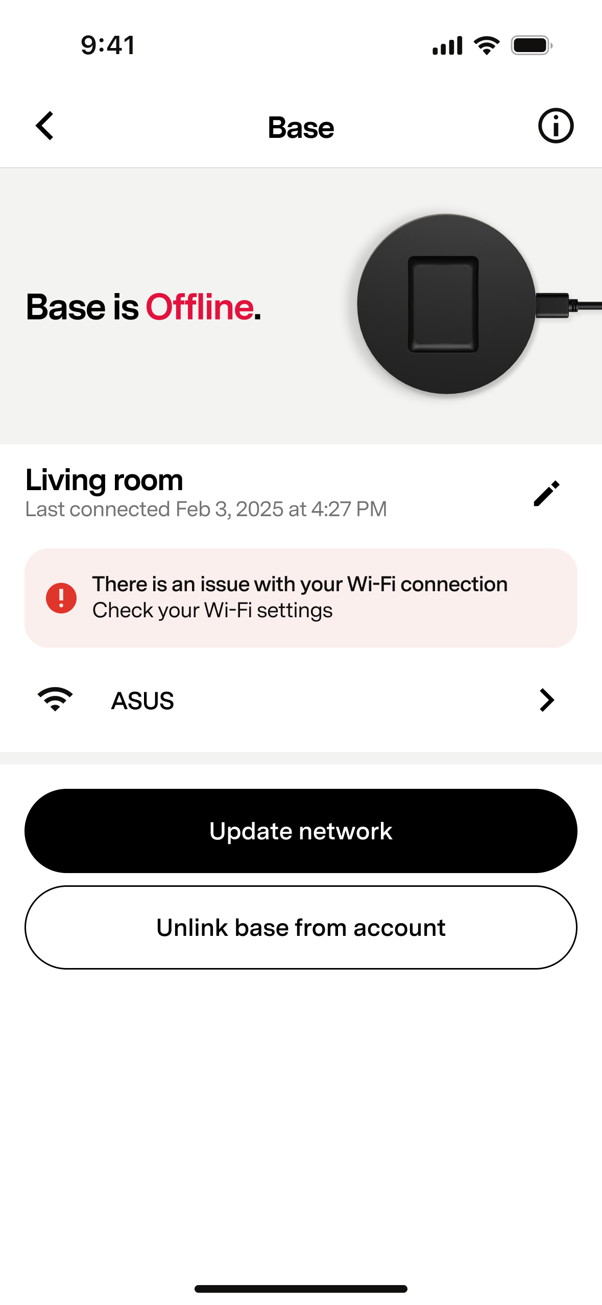 Screenshot view of the Fi App showing an error message saying the Fi Base is Offline and there is an issue with the Wi-Fi connection.png